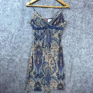 Opera Dress Womens Small Paisley Muted Blue Tan Babydoll Ribbon Bow Lace Stretch